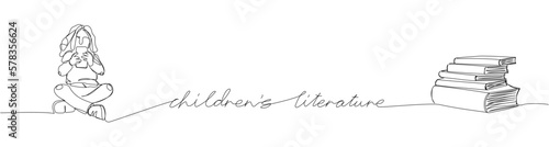 Children literature one line art. Continuous line drawing of book, library, fairy tales, child, pupil, literature, read, reading with an inscription, lettering, handwritten.