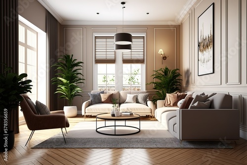 Modern villa living room design interior, beige furniture, bright walls, hardwood flooring, sofa, armchair with lamp, AI generated © Priya