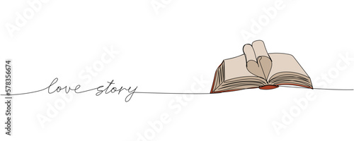 Love story one line colored art. Continuous line color drawing of book, library, novel, study, learn, reading with an inscription, lettering, handwritten.