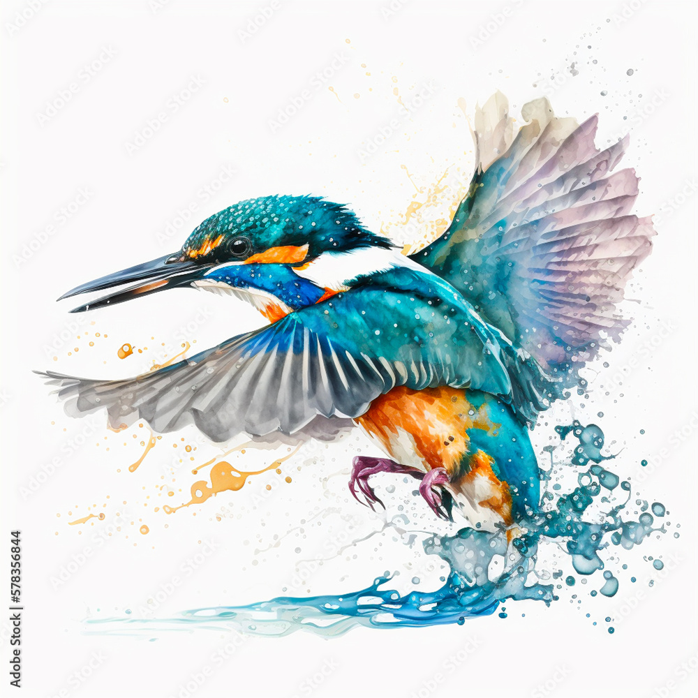 Obraz premium 色鮮やかな水辺のハンター、カワセミを描いた水彩画風のイラスト, with Generative AI