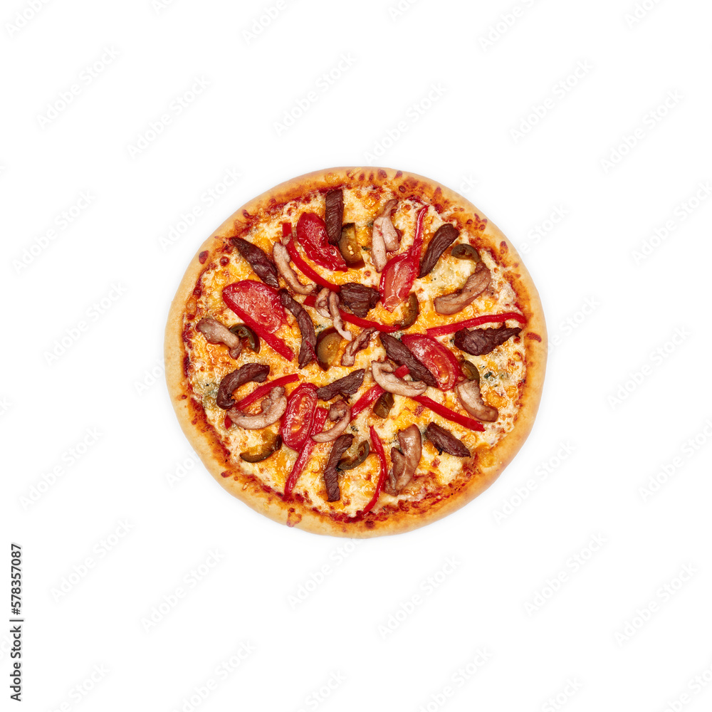 Meat Pizza top view on a white background isolate Meat Pizza top view on a white background isolate