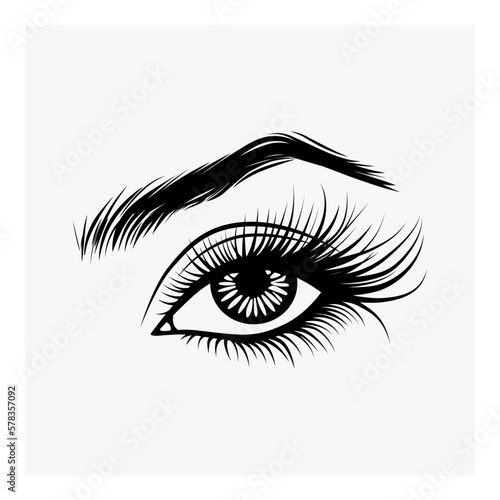 Women's eye with long lashes and brow. Lashes extension, brow makeup, beauty logo for lash master