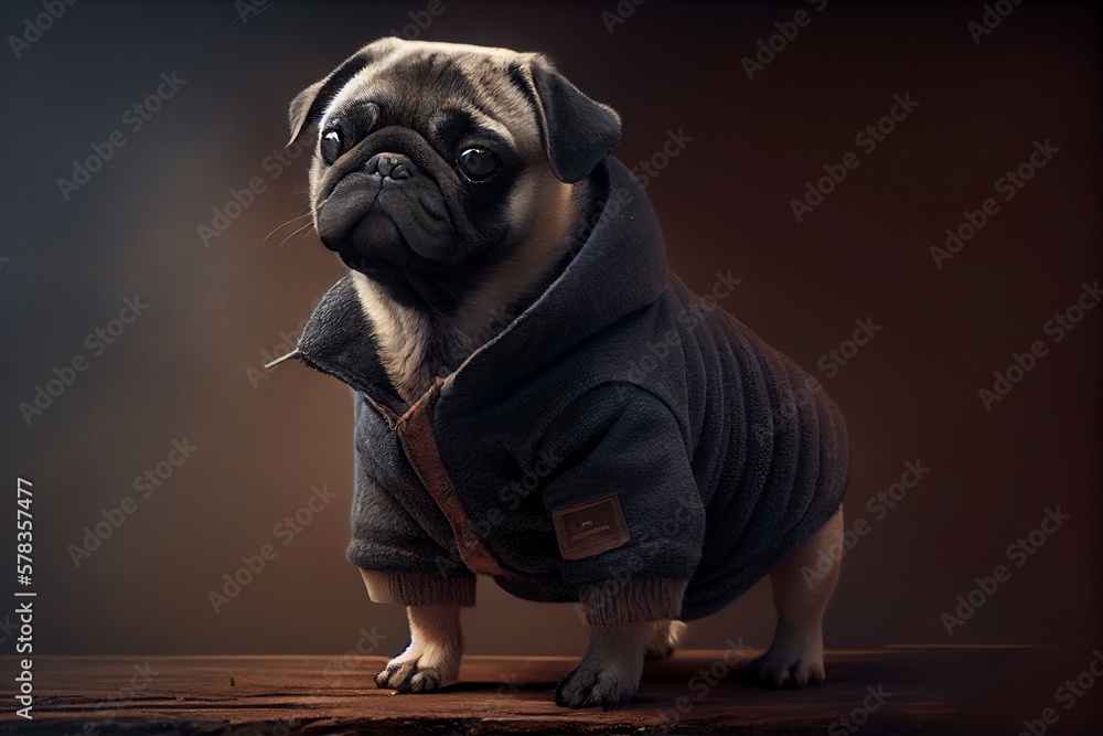 A Pug In Warm Clothes (Overalls) Stands And Looks Straight Ahead. Generative AI