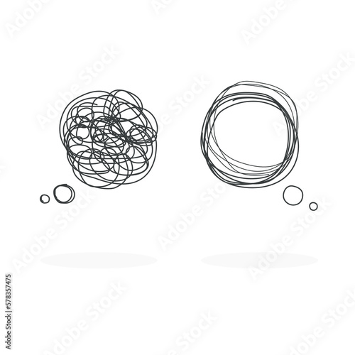Tangled and untangled bubble. Abstract metaphor of complicated way of thinking and simple way. Business problem solving or difficult situation. Vector illustration isolated on white background.