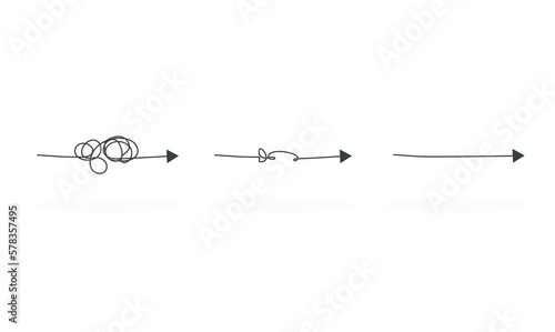 Tangled line vs clear line. Abstract metaphor of complicated way of thinking and simple way. Arrow symbol. Lines unraveling process. Business problem solving or difficult situation.