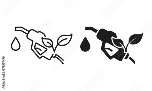 Ecology Gas Station Line and Silhouette Icon Set. Fuel Nozzle Eco Power for Transportation Pictogram. Petroleum Energy Pump Symbol Collection on White Background. Isolated Vector Illustration
