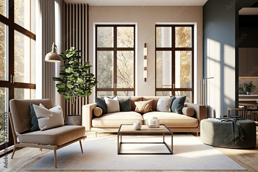 Fototapeta premium Modern villa living room design interior, beige furniture, bright walls, hardwood flooring, sofa, armchair with lamp, AI generated