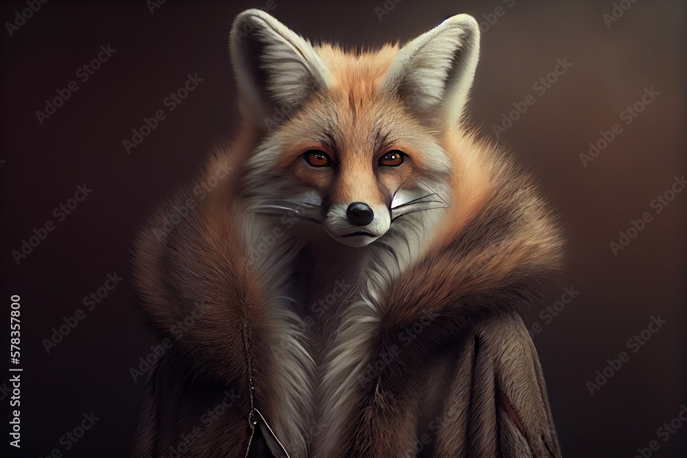 Anthropomorphic Fox In A Fur Coat. Animals Are Like People. Generative AI Anthropomorphic Fox In A Fur Coat. Animals Are Like People. Generative AI