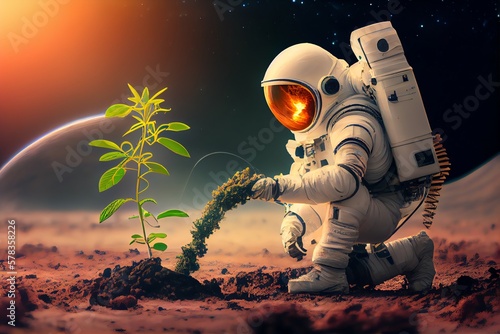 Astronaut Growing Plant, Agriculture And Farming On Alien Planet. Generative AI