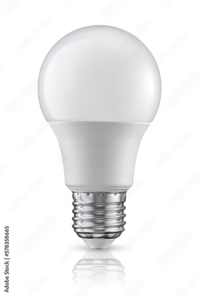 Plastic LED light bulb with e27 Edison screw base isolated on white.