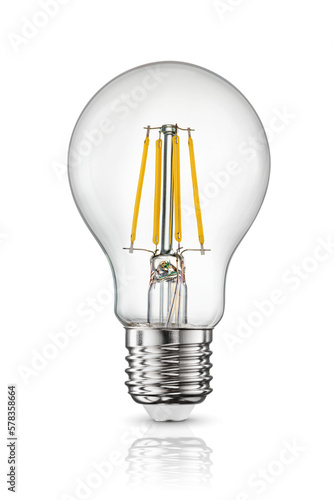 Standard LED filament light bulb with e27 base isolated on white. photo