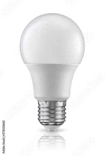 Plastic LED light bulb with e27 Edison screw base isolated on white. photo