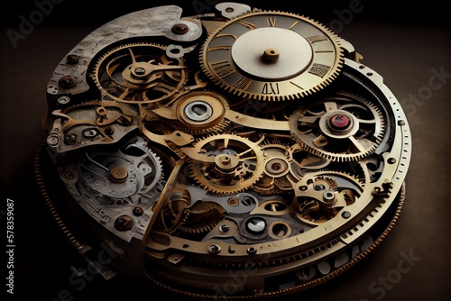 Features Of The Massive Gears And Other Mechanism Of An Ancient Mechanical Watch In Its Dismantled State. Generative AI