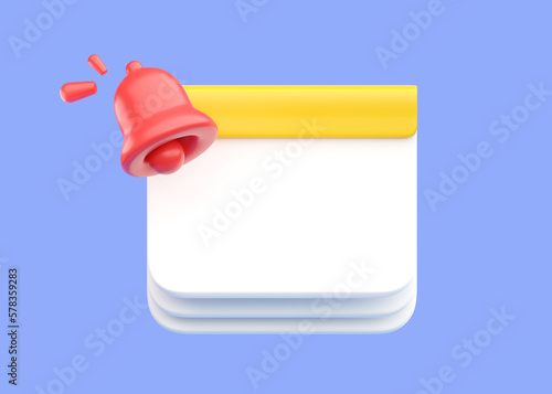 Calendar 3d render illustration - attention bell icon, notice web object and appointment date concept photo