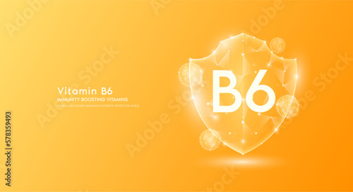 Vitamin B6 shield polygonal translucent orange. Immunity boosting vitamins. Medical innovation protect your body healthy. Shield low poly triangle modern futuristic protection. Banner vector.