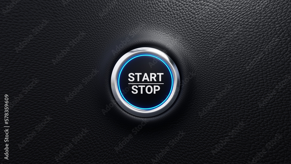 Start Stop push button, Start and stop modern car button with blue shine, Just push the button, 3D rendered illustration - obrazy, fototapety, plakaty 