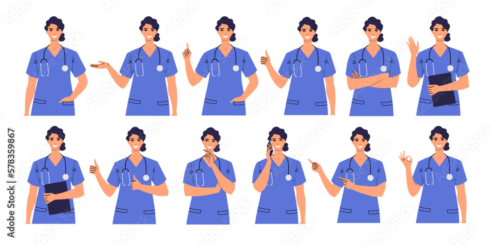 Nurse with various gestures and poses. Woman showing thumb up, Ok, hand, index fingers. Medic wears scrubs. Female doctor thinks, crosses her arms, gives advice, says hello, makes a phone call. Flat.