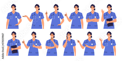 Nurse with various gestures and poses. Woman showing thumb up, Ok, hand, index fingers. Medic wears scrubs. Female doctor thinks, crosses her arms, gives advice, says hello, makes a phone call. Flat.
