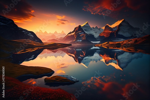 Island Landscapes Sunrise View On Bernese Range Above Bachalpsee Lake. Peaks Eiger, Jungfrau, Faulhorn In Famous Location In Switzerland Alps, Grindelwald Valley. Generative AI © Pixel Matrix