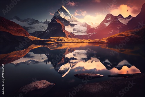 Island Landscapes Sunrise View On Bernese Range Above Bachalpsee Lake. Peaks Eiger  Jungfrau  Faulhorn In Famous Location In Switzerland Alps  Grindelwald Valley. Generative AI