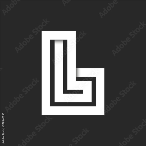Initial letter L logo pattern monogram with shadows, overlap parallel lines ornament shape, identity black and white logotype.