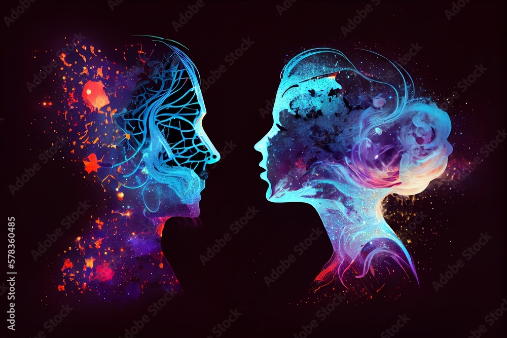 Man And Woman Silhouettes At Abstract Cosmic Background. Human Souls Couple In Love. Astral Body, Esoteric And Spiritual Life Concept. Generative AI Man And Woman Silhouettes At Abstract Cosmic Background. Human Souls Couple In Love. Astral Body, Esoteric And Spiritual Life Concept. Generative AI