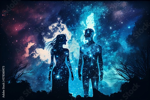 Man And Woman Silhouettes At Abstract Cosmic Background. Human Souls Couple In Love. Astral Body, Esoteric And Spiritual Life Concept. Generative AI © Pixel Matrix