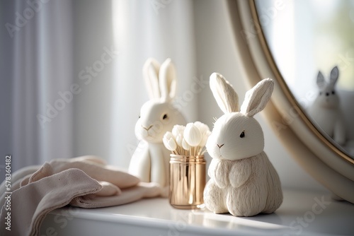 The cute Easter bunnies with eggs are laid on an empty modern  minimal and luxury cream dressing table top  a vase of pampas  a round mirror  and a curtain in a bedroom with white walls  sunlight  and
