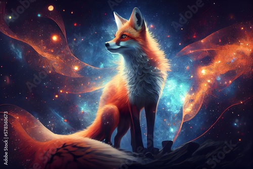 Powerful Epic Legendary Fox Kitsune In Universe. Spiritual Animal Awakening Concept.Magical Fantasy Epic Wallpaper. Generative AI