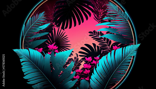 Retro 80s Neon pink and teal circular illustration of tropical palm and monstera leaves. Created with generative AI.