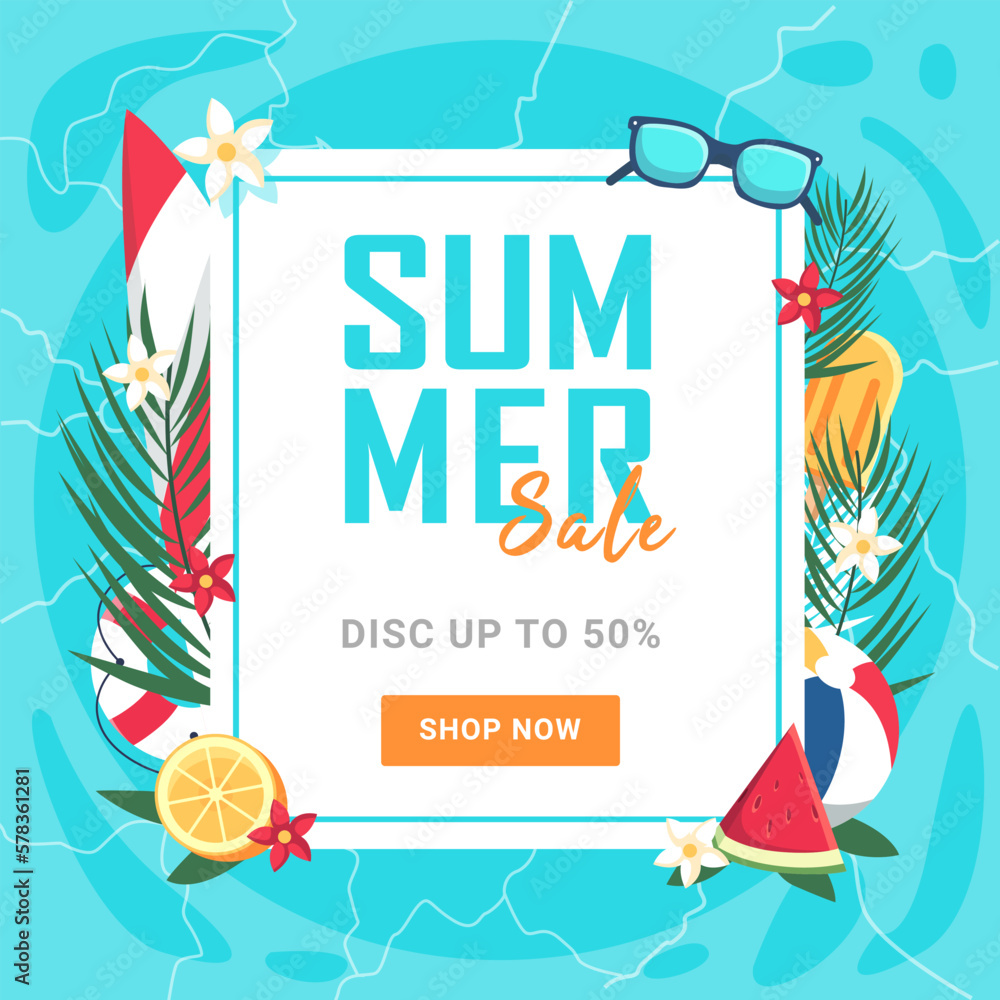 There is a summer sale banner 50% off. Vector illustration
