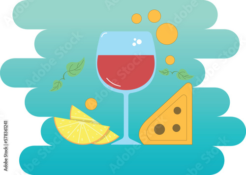 vector illustration of beach glass, rest and drink, orange and juice, summer vacation, glass of wine and cheese, красное вино в стеклянном бокале