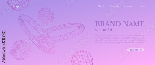 Abstract technology and science background with flying wireframes vector 3d geometric shapes. Modern minimalistic pink and purple banner with different figure.