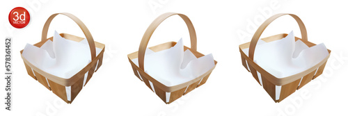 Set empty wicker basket isolated on white background. 3d vector realistic wooden box with napkin for show product. 