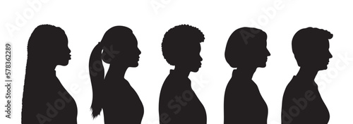 Diverse group of ethnic side view portrait silhouette vector. Different races women profile faces side vector.