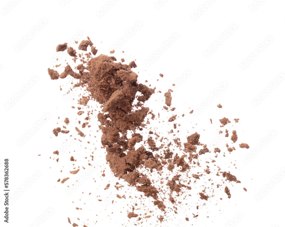 Foto Stock Cocoa powder fall fly in mid air, Cocoa powder floating