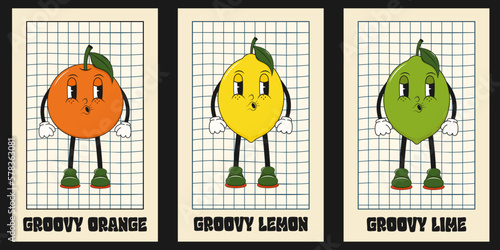 Set of vertical posters with groovy hippie fruits. Orange,lemon and lime in trendy 70s, 60s style.