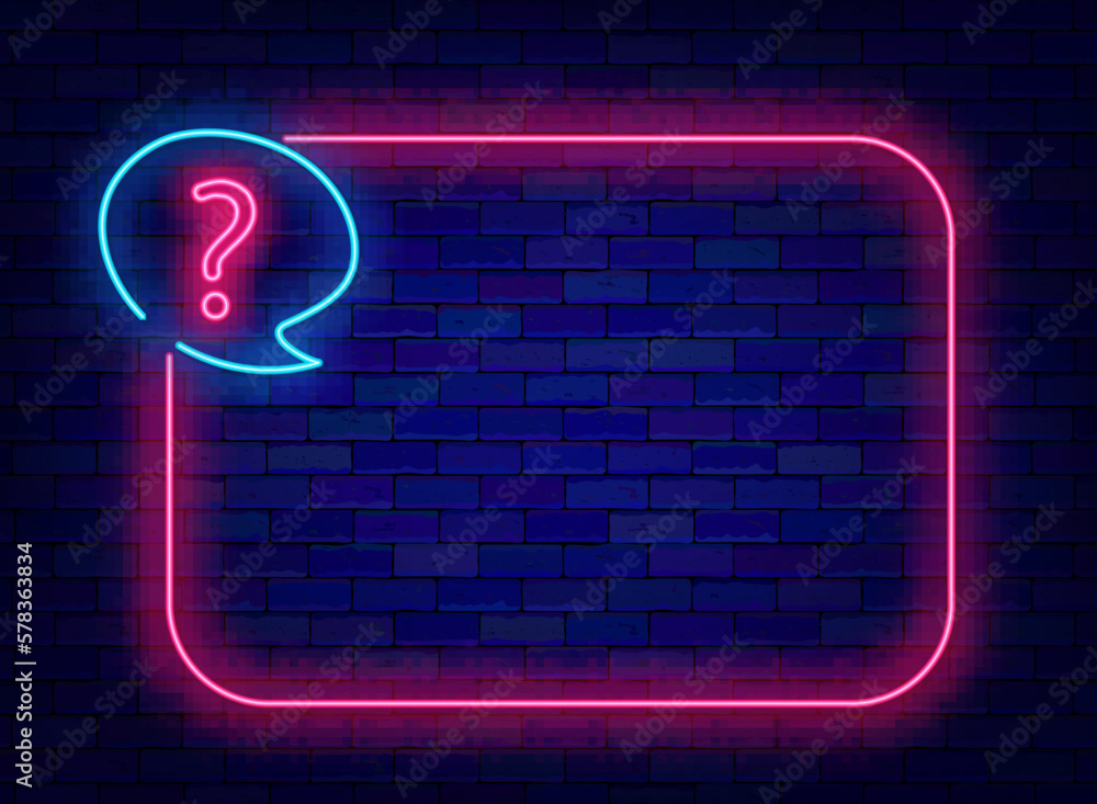 Pink frame with question mark in speech bubble. Quiz neon template ...