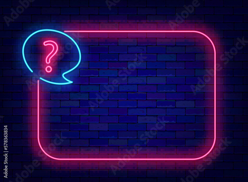 Pink frame with question mark in speech bubble. Quiz neon template. Competition and exam. Vector stock illustration