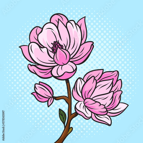 Magnolia tree flower pinup pop art retro vector illustration. Comic book style imitation.