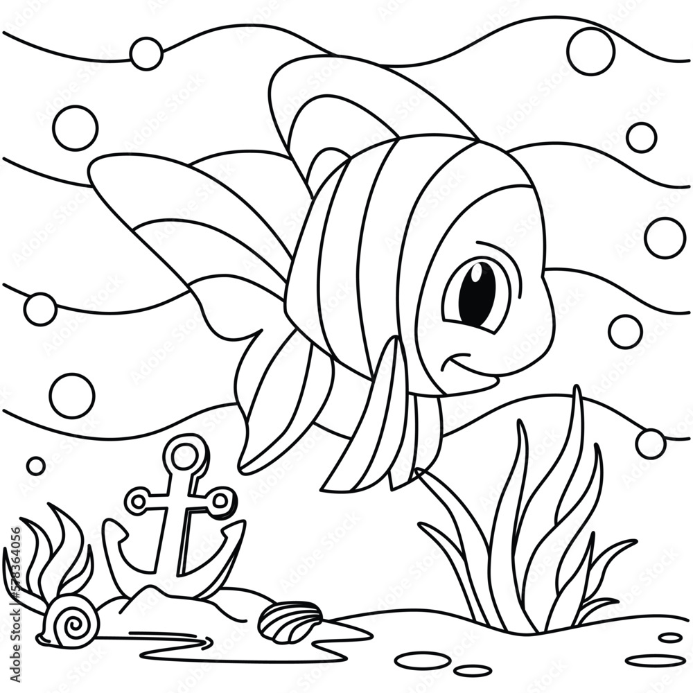 Fototapeta premium Funny fish cartoon characters vector illustration. For kids coloring book.