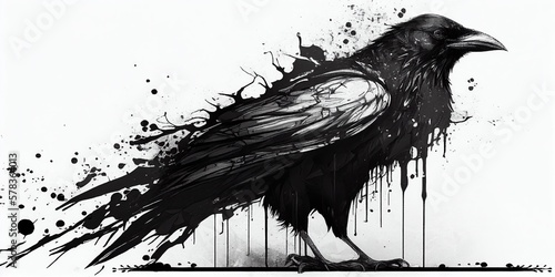 Drawing of a crow on a white background with black paint flying Generative AI photo