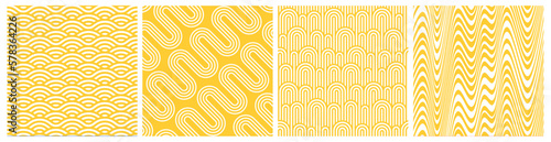 Set of Modern Seamless Patterns in Asian Japan and Chinese Style. Illustration of Pasta and Noodles. Vector Food Backgrounds with Yellow and White Waves