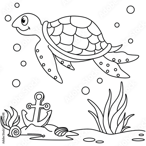 Funny turtle cartoon characters vector illustration. For kids coloring book.