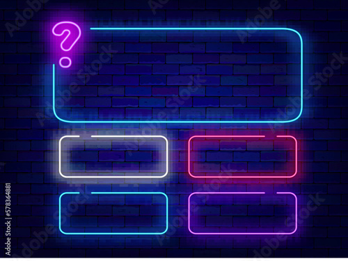 Question and answers neon template. Colorful geometric shapes. Copy space. Luminous border. Vector illustration