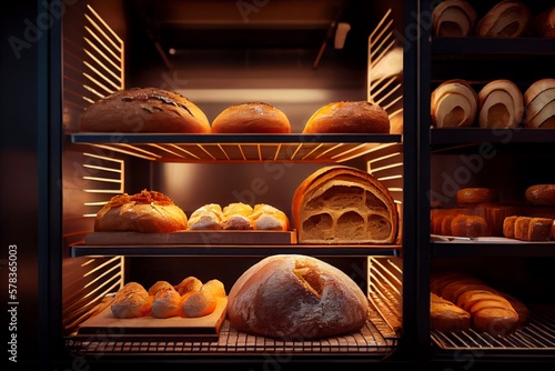 Fotografia Freshly Baked Sourdough Bread With A Golden Crust On Bakery Shelves