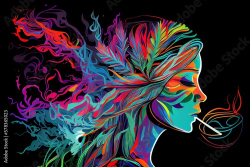 Cannabis Colorful Psychedelic Weed Line Art With The Abstract Smoking Woman. Generative AI © Pixel Matrix
