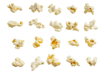 Set of tasty cheese popcorn isolated on transparent background close up, PNG. Movies, cinema and entertainment concept.