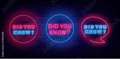 Did you know questions in speech bubbles. Neon signs colletion. Quiz night labels. Vector stock illustration