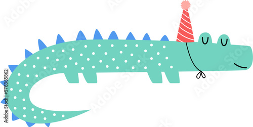 Hand drawn abstract crocodile with party hat flat illustration